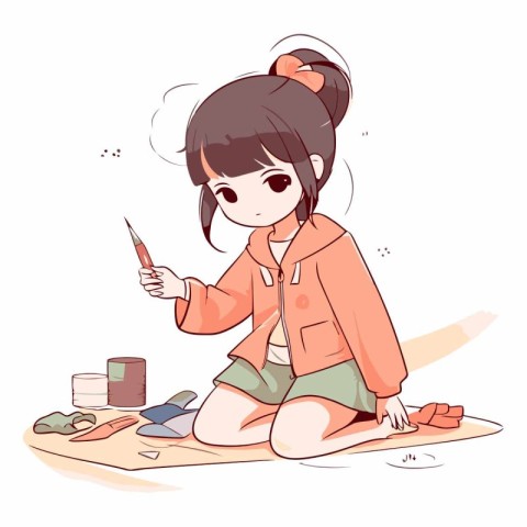 Illustration of a cute little girl painting her nails on a white