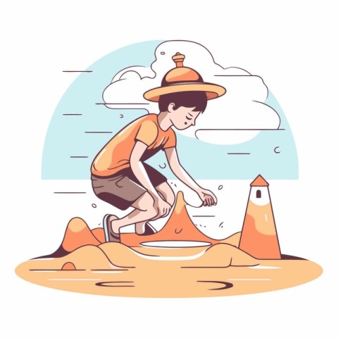 Vector illustration of a boy playing with sand on the beach in s