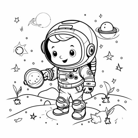 Cute astronaut in space. Coloring book for children.