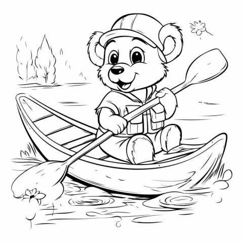 Black and White Cartoon Illustration of Cute Teddy Bear Paddling