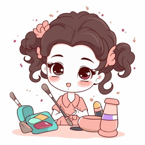 Illustration of a cute girl doing her make-up at home