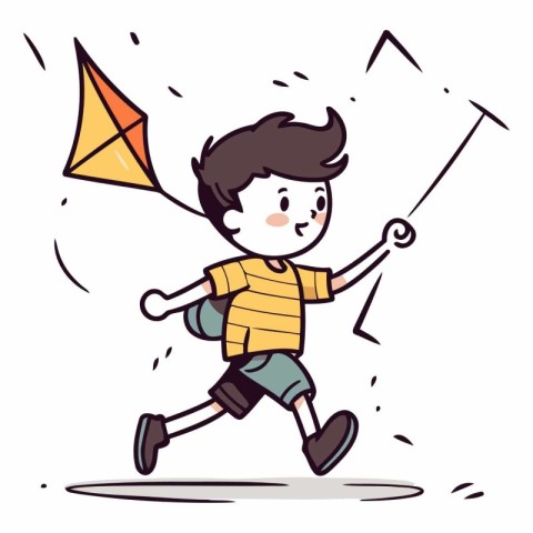 Cute boy playing with kite in cartoon style