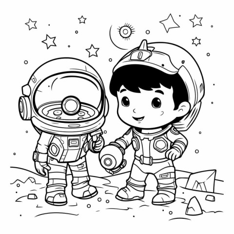 Coloring book for children: astronaut boy and astronaut girl in