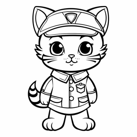 Black and White Cartoon Illustration of Cute Cat Captain Charact