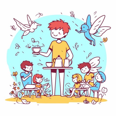 Cute vector illustration of children sitting at the table and dr