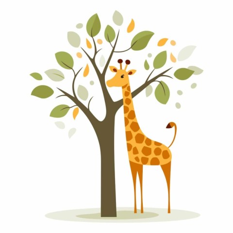 Giraffe and tree. Flat cartoon style.