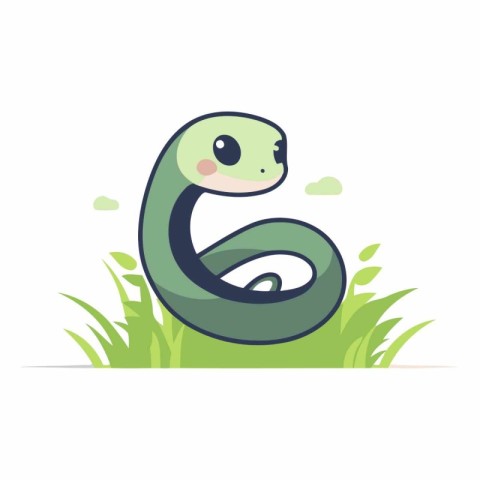 Cute cartoon snake on the grass in flat style.