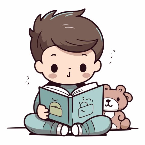 Boy reading a book with teddy bear in the background.