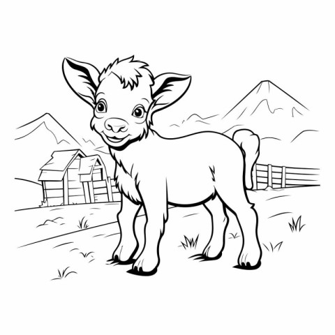 illustration of a cute baby goat on a farm in the mountains