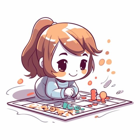 Illustration of a Cute Little Girl Playing Chess with Chess Boar