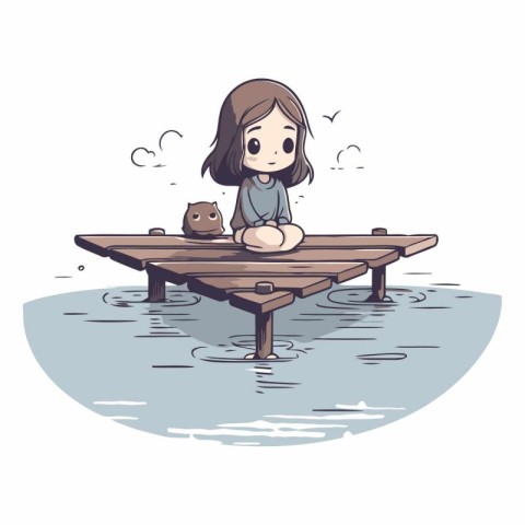 Girl sitting on a wooden pier in the sea.