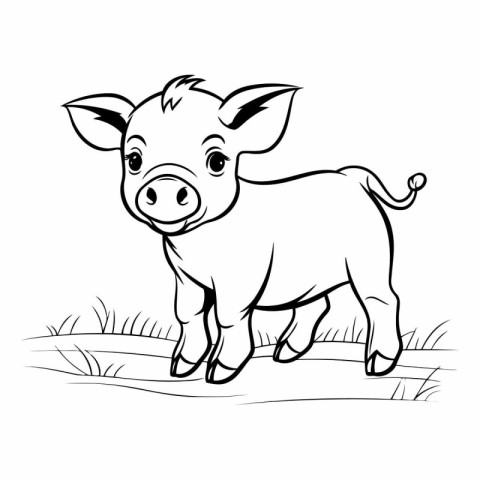 Black and white vector illustration of a pig standing on the gra