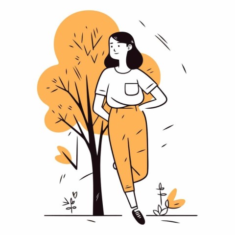 Vector illustration of a young woman walking in the park in autu