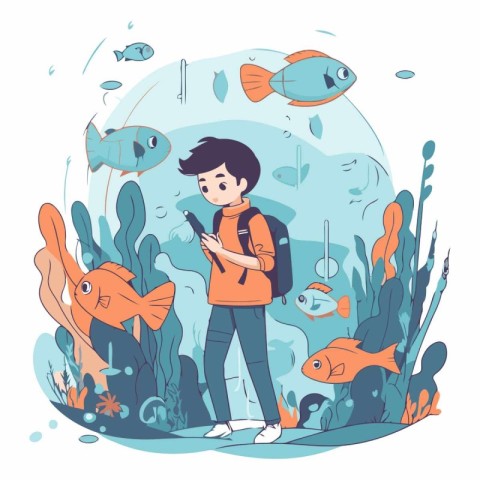 Vector illustration of a boy with a backpack in the sea surround