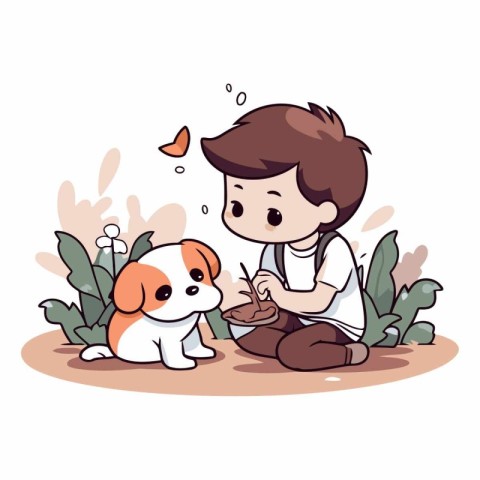 Boy playing with dog in the garden. Cute cartoon vector illustra