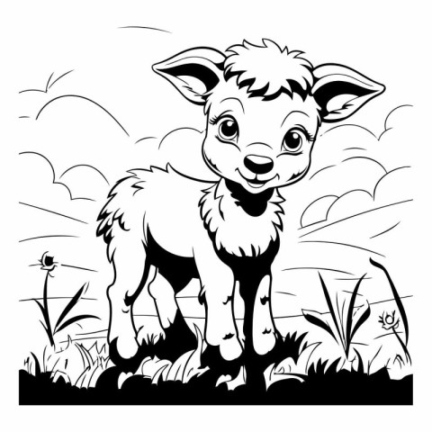 Black and White Cartoon Illustration of Cute Baby Goat Animal fo