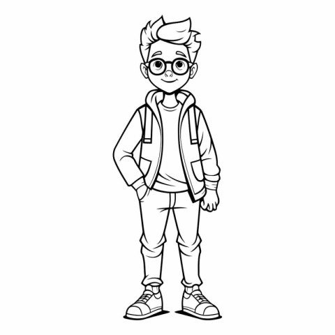 Outline of a boy with glasses and a backpack.