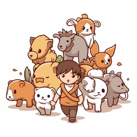 Cute cartoon doodle kids with animals.