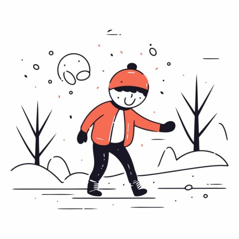 Vector illustration of a boy in winter clothes walking in the pa