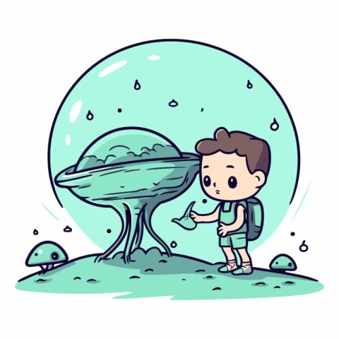 Boy with a backpack and a flying saucer.