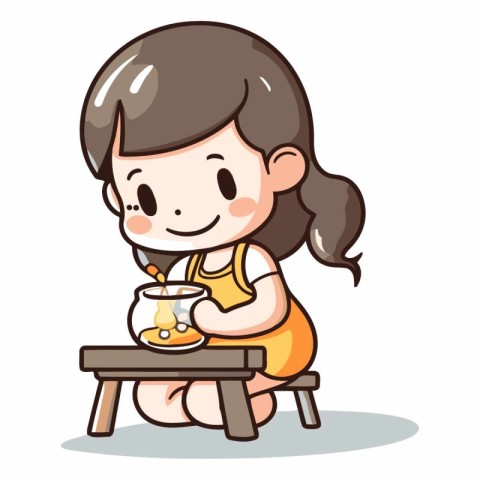 Girl drinking tea on table character cartoon vector illustration