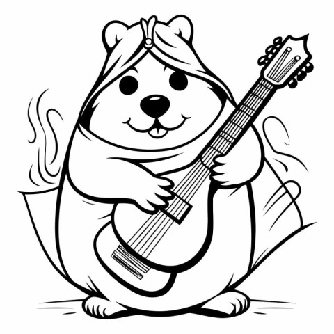 Hamster with Guitar - Black and White Cartoon Illustration. Vect