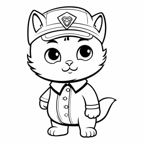 Black and White Cartoon Illustration of Cute Cat Police Officer