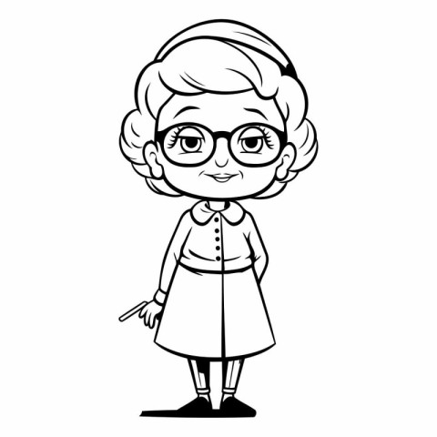 Black and White Cartoon Illustration of Grandmother Mascot Chara