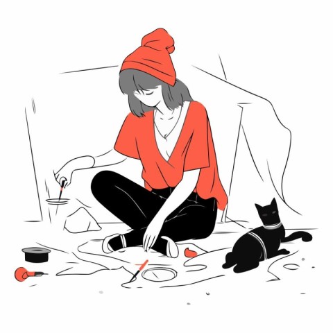 A girl in a red sweater and a hat paints a cat.