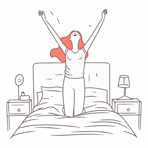 Happy woman waking up in the morning. hand drawn vector illustra