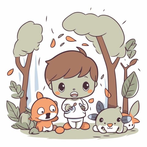 Boy and Animals in the Forest - Vector Illustration. EPS10