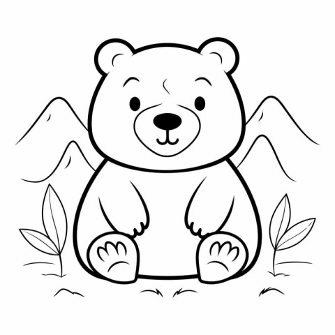 Coloring book for children: cute bear sitting on the grass.