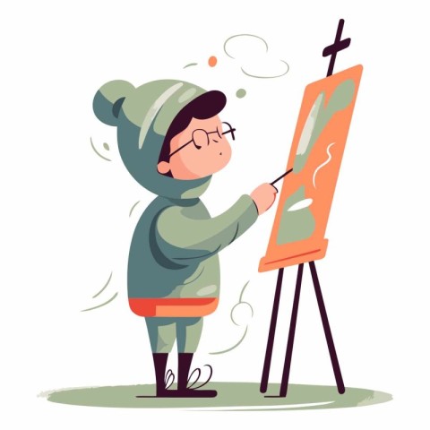 Boy painting a picture on easel in cartoon style