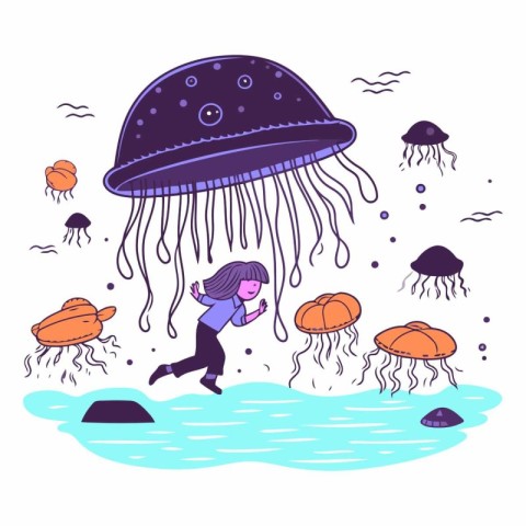 Jellyfish in the ocean in cartoon style.