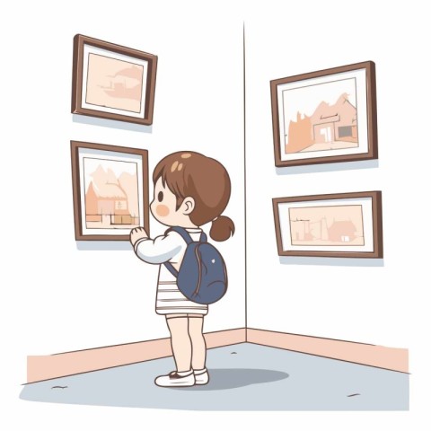 Illustration of a Little Girl Looking at Picture Frames Inside a