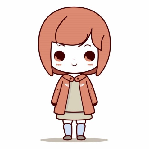 Cute little girl wearing coat in cartoon style.