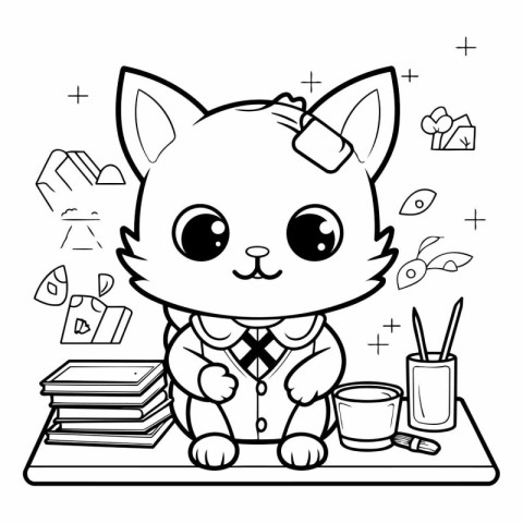 Black and White Cartoon Illustration of Cute Fox Student Charact