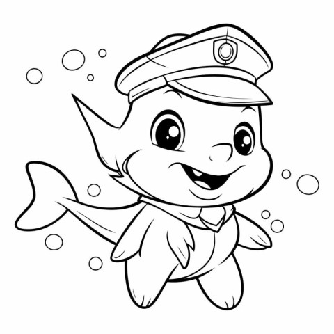 Black and White Cartoon Illustration of Cute Fish Captain Charac