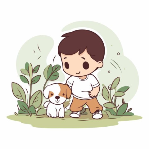 cute boy playing with dog in the garden vector illustration grap