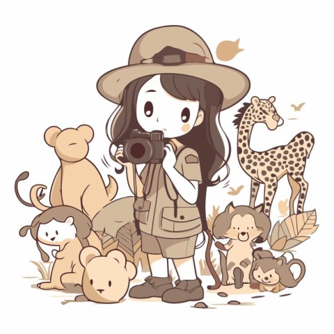 Illustration of a Girl Taking a Picture of Her Animals on White