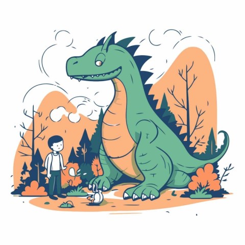 Little boy playing with a dinosaur in the park.