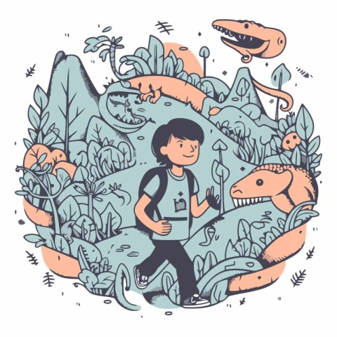 Vector illustration of a boy walking in the forest with dinosaur