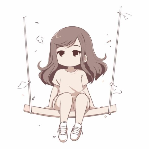 Cute little girl sitting on swing in cartoon style.