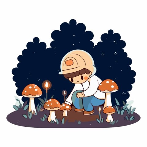 Boy playing with mushrooms in the forest. Cute cartoon vector il