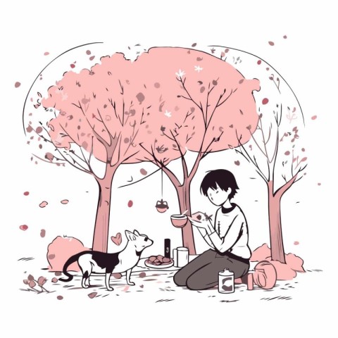 Illustration of a girl sitting in the park and feeding her dog