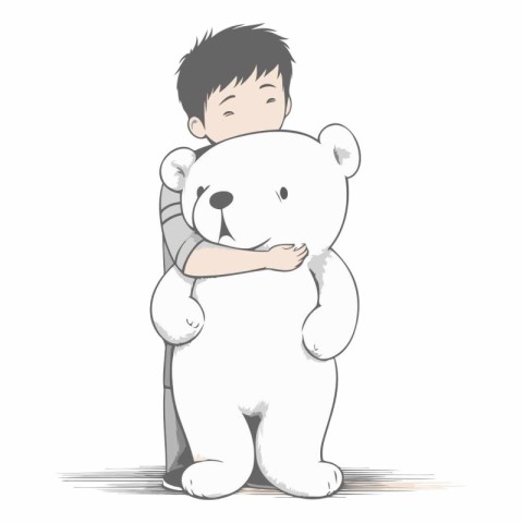 Illustration of a boy hugging a big white bear on a white backgr