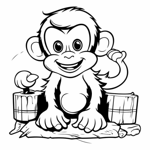 Monkey - Black and White Cartoon Mascot Illustration. Vector