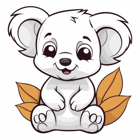 Cute cartoon koala sitting on the leaves.