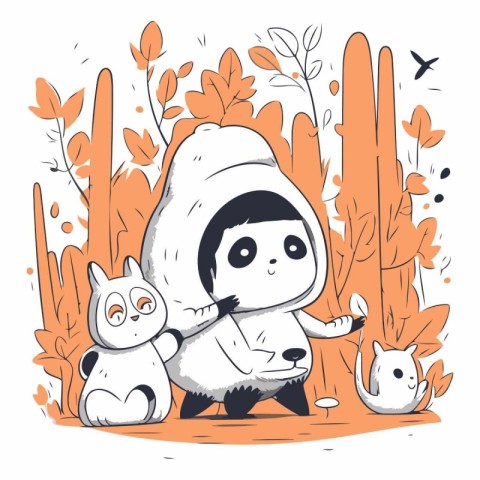 Cute panda and cat in the forest.