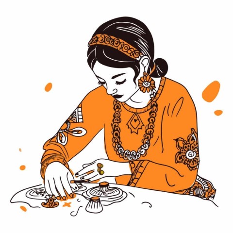 Illustration of Indian woman playing dandiya.